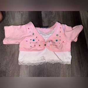 BUILD A BEAR PINK AND WHITE GEM JEWELED TWIST SHORT SLEEVE SHIRT BABW